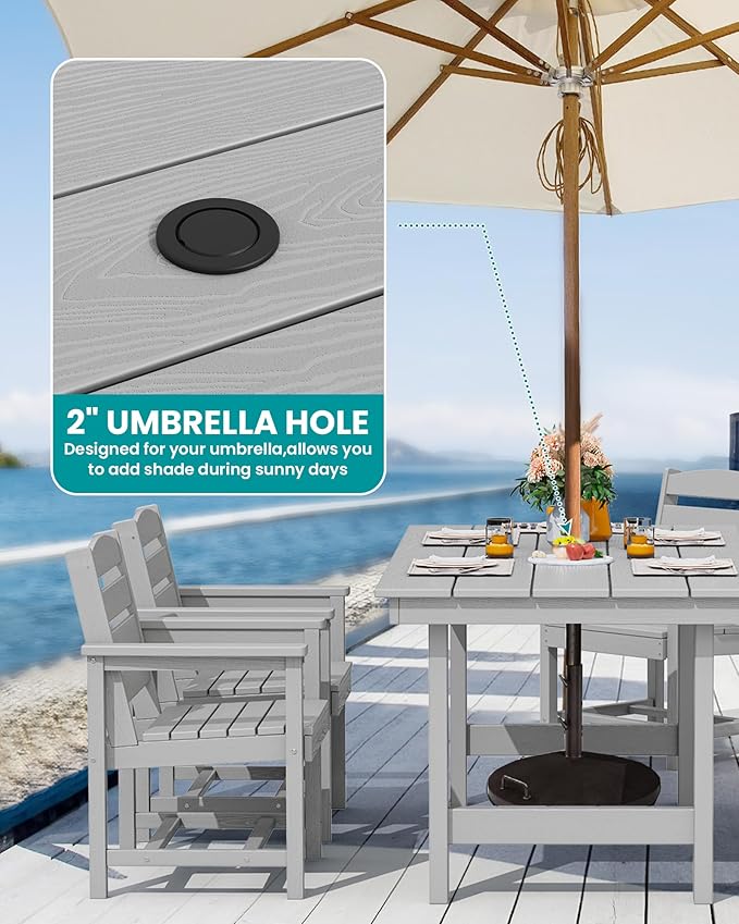 SERWALL Patio Dining Table Sets 5-Piece, Outdoor HDPE Dining Furniture Set with Umbrella Hole Cut-Out Table and 4 Chairs, All Weather Dining Set for Lawn, Garden, Backyard, Poolside, Light Gray