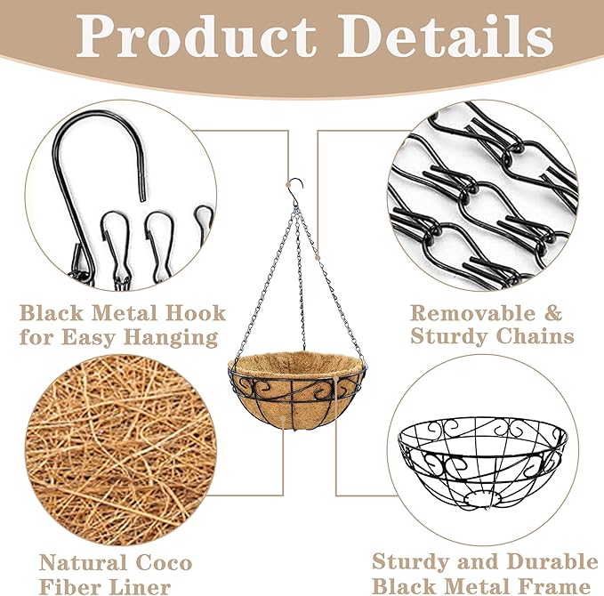 Outdoor Metal Hanging Planters Basket (2pack, 14 inch) Hanging Baskets for Plants Chain Round Wire Plant Holder with Coco Fiber Liners for Garden, Patio, Deck, Porch(Flower Border)