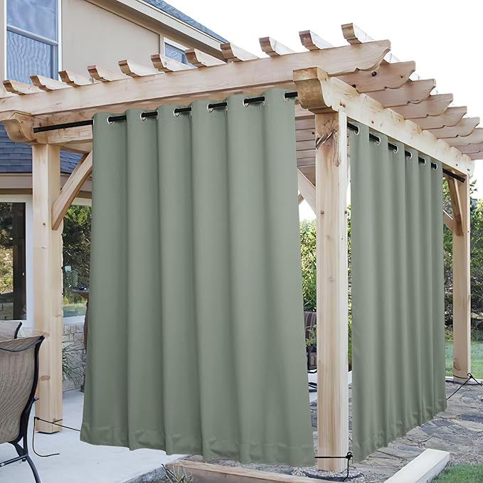 NICETOWN 2 Panels Outdoor Curtains for Patio Extra Wide 84", Waterproof & Windproof Grommet & Back Tab Fixed Top and Bottom Thermal Insulated Privacy Drapes with Rope for Deck, Sage Green, W84 x L108