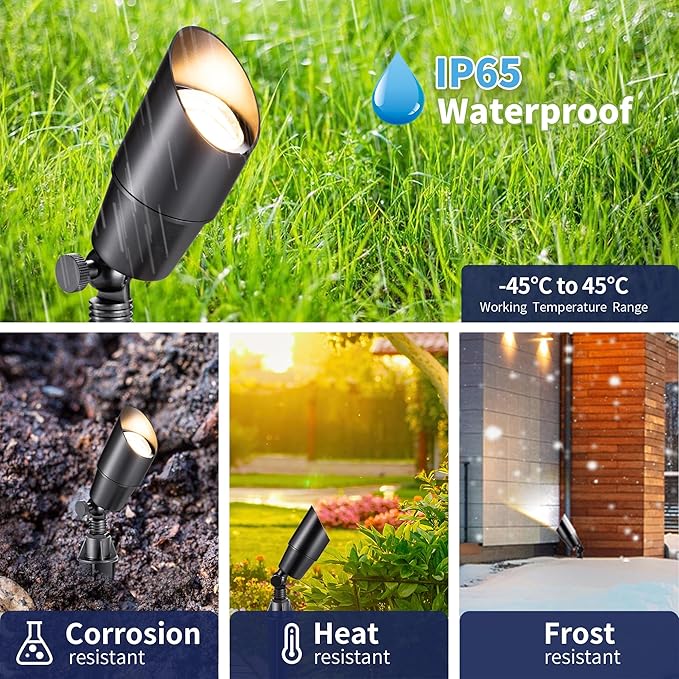 Gardenreet Black Solid Brass 12V LED Landscape Lighting Kit (12-Pack Spotlights) with 300W Low Voltage Transformer & Mechanical Timer & 250FT Wire & 50Pack Connectors for Outdoor Garden Patio
