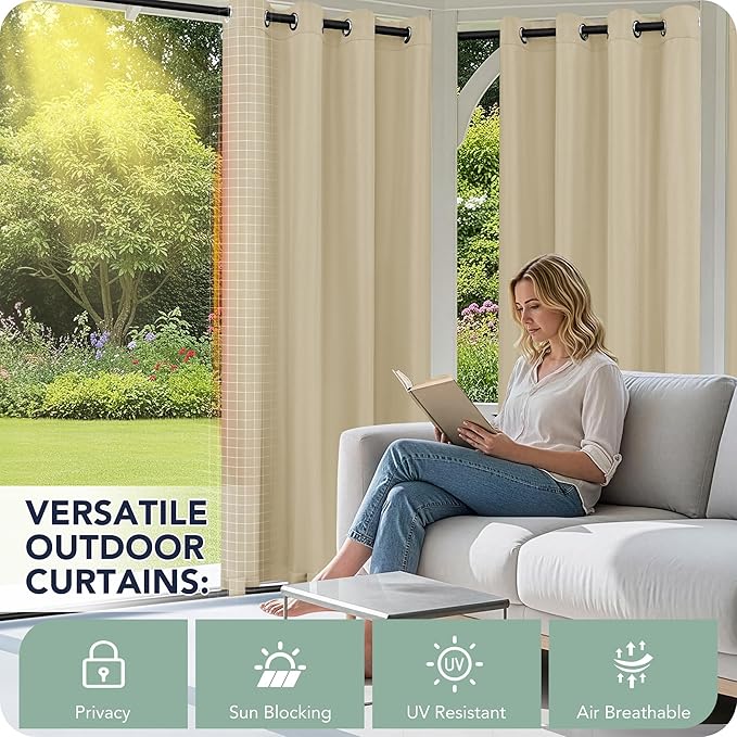 Patio Curtains Outdoor Waterproof 6 Panels - Windproof, Privacy, Weatherproof Outside Drapes for Gazebo Pergola Porch, Grommet Top and Tab Bottom, 54x95 Inch, Cream