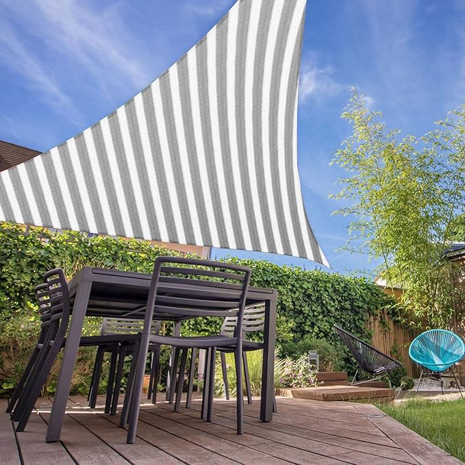 E&K Sunrise 16' x 16' x 16' Sun Shade Sail Triangle Canopy Shade Cover UV Block for Patio Backyard Garden Outdoor (Gray White Strip)