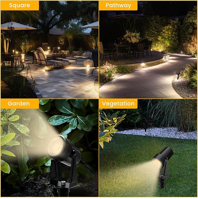 Svater Landscape Lighting Low Voltage, 10 Pack Outdoor Spotlights with Transformer, Plug in LED Spot Lights for Garden, Backyard, House, 3000K Warm White Super Bright 3W 250Lumem, Black
