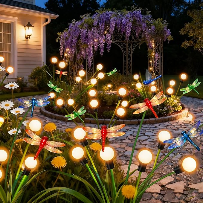 Solar Garden Lights Outdoor - 6 Pack Dragonfly Solar Swaying Light, Sway by Wind, Firefly Lights Outdoor Yard Patio Pathway Decoration, Big Bulb, High Flexibility Iron Wire & Realistic Dragonflies