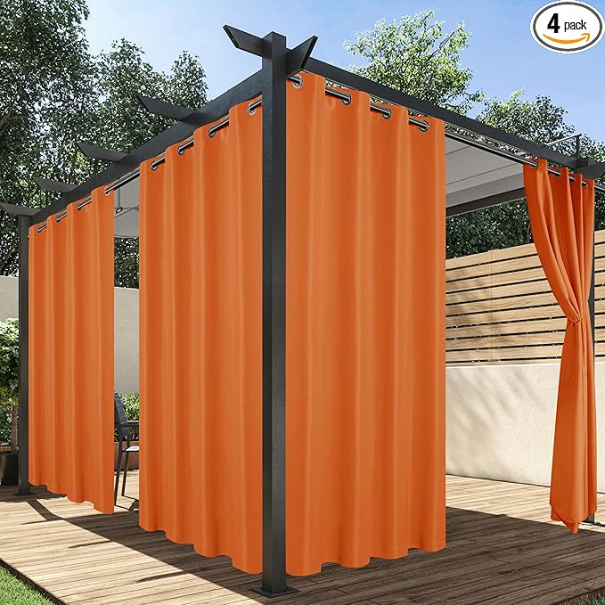 HolidayIdeas Outdoor Curtains for Patio Waterproof, 4 Panels - 54 x 108 Inch - Privacy Protection & Light Filtering Curtains Grommet Outside Curtains for Porch, Backyard (Mecca Orange)