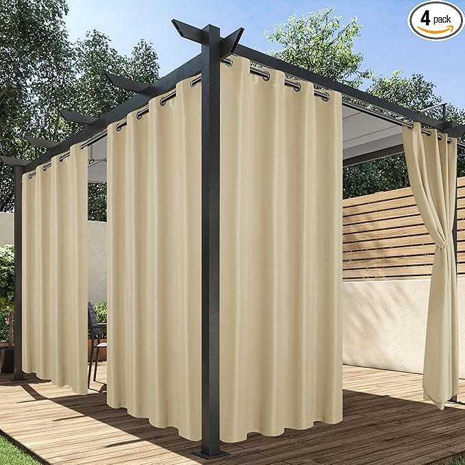 HolidayIdeas Outdoor Curtains for Patio Waterproof, 4 Panels - 54 x 108 Inch - Privacy Protection & Light Filtering Curtains Cream Grommet Outside Curtains for Porch, Gazebo, Pergola, Backyard