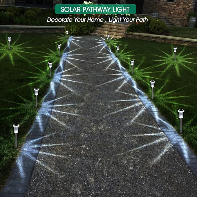 Solar Lights Outdoor, 15 Pack Waterproof Stainless Steel Solar Stake Lights for Pathway Garden Yard Path Walkway Driveway Lawn Patio Outside Decor, Cool White