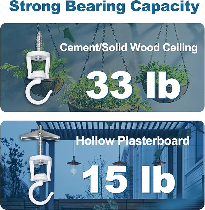 ONIKK Ceiling Hooks for Hanging Plants (2 PCS White), Heavy Duty Metal Plant Hooks, Screw in Hooks for Hanging Birdfeeders, Lamps, Planters, Indoor Outdoor Wall Baskets Hooks up to 33 lbs