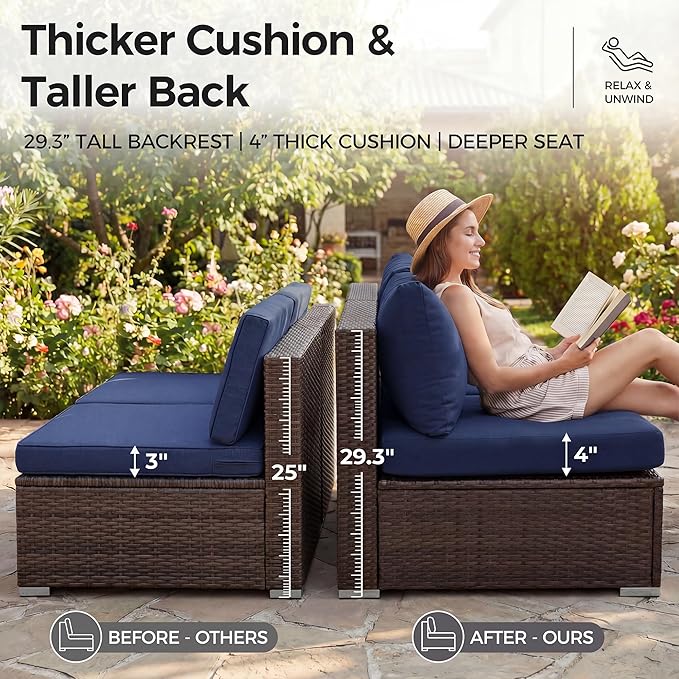 NICESOUL Modern Outdoor Patio Sectional Sofa Set with Firepit Natural Gas/Propane, 29.3'' High Back Wicker Conversation Set, 10 Seats Large Deep Seating Furniture, Brown Rattan and Navy Blue Cushion