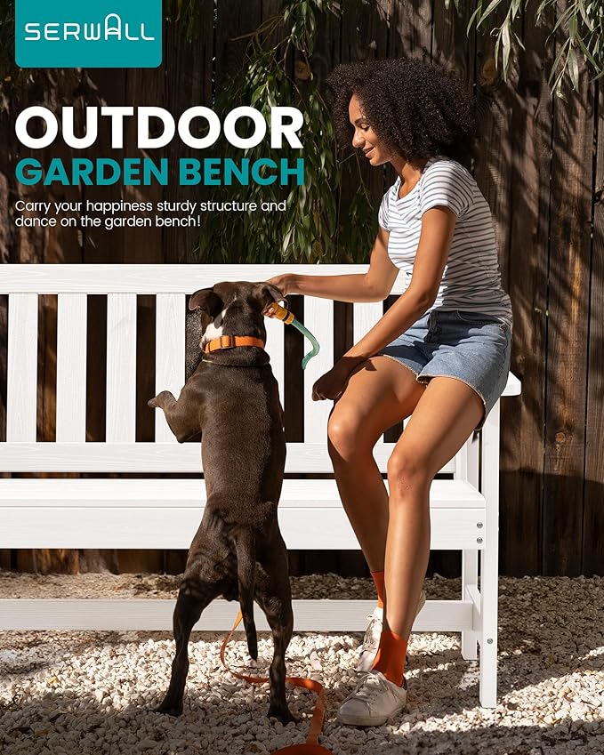 SERWALL Outdoor Bench, HDPE Outdoor Benches Weatherproof, 2-Person Garden Bench with 660 lbs Weight Capacity, Patio Benches for Outdoors, Garden, Porch, Backyard and Park, White, 6 Pack