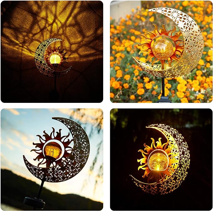 LICKLIP Garden Solar Lights Outdoor Decorative, Sun & Moon Crackle Glass Globe Metal Stake Light, Waterproof Warm White LED Light, Decorations for Pathway Lawn Patio Courtyard Backyard (1 Pack)