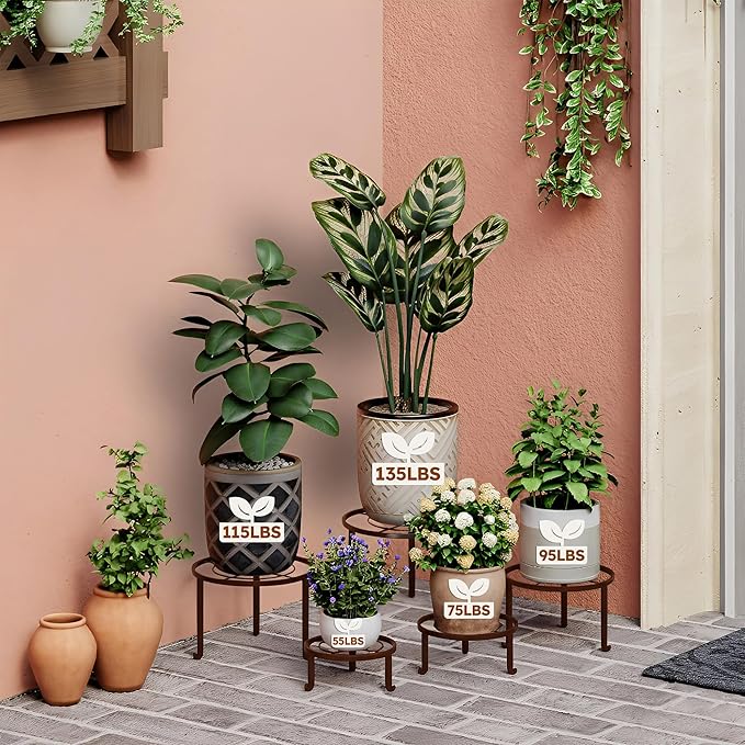 5 Pack Plant Stand Indoor Outdoor, Flower Pot Stand Plant Rack for Home Courtyard Gardens, Round Metal Corner Plant Stand for Flower Holder for Multiple Plants