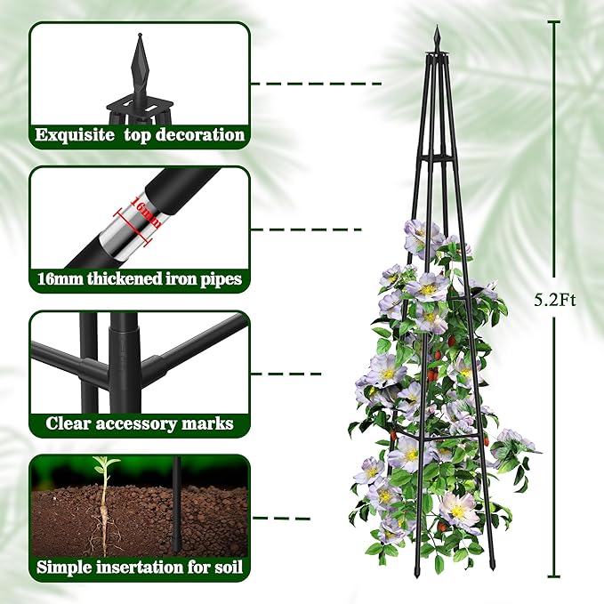 5.2FT Obelisk Trellis for Climbing Plants Outdoor, 16mm Rust-Proof Extra Thickened Plastic-Coated Metal Pipes, Indoor Climbing Support for Potted Plants, Vines, Flowers Stands,Black