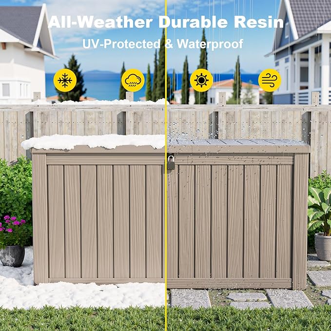 EasyUp 180 Gallon Outdoor Storage Box, Resin Waterproof UV-Resistant Deck Box with Hydraulic Lid Support, Reinforced Stability for Patio, Garden, and Poolside, Gray