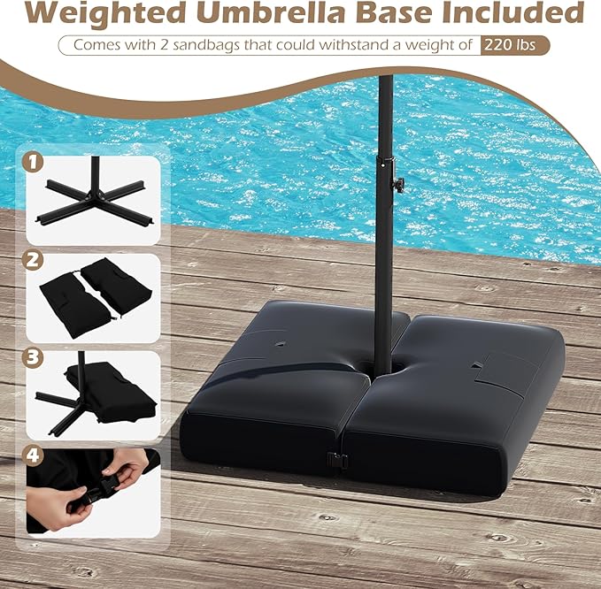 Tangkula 10ft Solar LED Patio Umbrella with Base, Offset Cantilever Outdoor Umbrella with 32 LED Lights, Infinite Tilt, 360 Degree Rotation, Crank Handle for Pool Deck Garden Backyard (Beige)