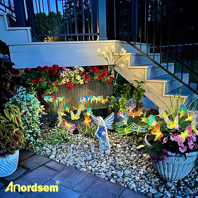 Anordsem Solar Garden Lights Outdoor: 8 Removable Fiber Optic Fabric Dragonflies 4 Pack - Waterproof Fun Animal Decoration for Yard Patio - Gardening Gifts for Garden Lovers