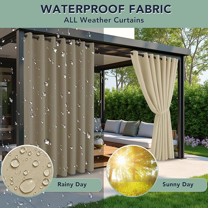 Outdoor Curtains for Patio Waterproof - 6 Panels Privacy Weatherproof Outside Curtains with Grommets for Pergola, Gazebo, Porch, Cabana, Balcony, 54 x 95 Inch, Cream