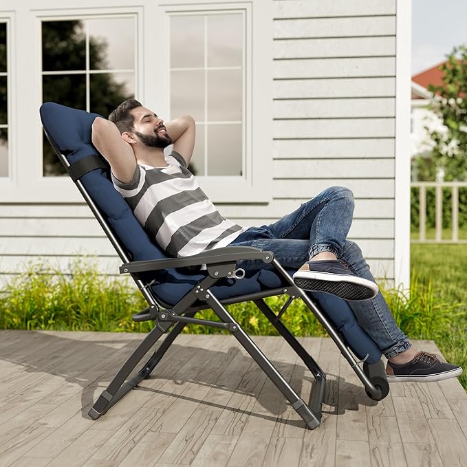 UDPATIO Oversized Zero Gravity Chair Set of 2, 33In XXL Patio Reclining Chair with Cushion, Outdoor Folding Recliner with Pillows|Cup Holder|Foot Rest|Padded Headrest, Navy Blue, Support 500LB