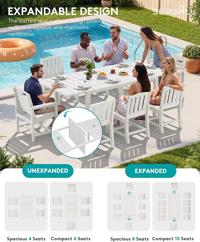 SERWALL 9-Piece Outdoor Dining Set, 60" - 83" Expandable Outdoor Dining Table and 8 HDPE Chairs, All Weather HDPE Outdoor Furniture Set for Backyard, Garden, White