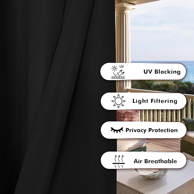 BONZER Outdoor Waterproof Curtains for Patio Privacy Grommet Light Filtering Outside Curtains for Gazebo, Porch, Pergola, Pavilion, 1 Panel, 84W x 108L inch, Black