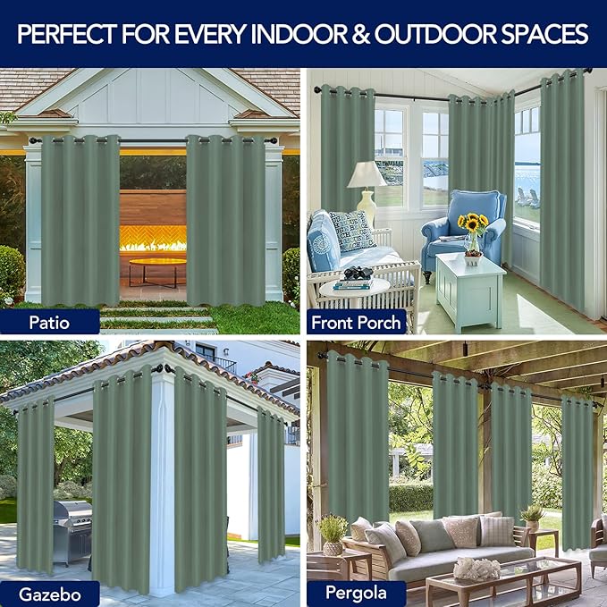 PureFit Outdoor Curtains for Patio Waterproof Weatherproof, UV Resistant Outside Curtains for Gazebo, Front Porch, Pergola, Sun Blocking Privacy Curtain, 52W x 120L inch, 1 Panel, Sage Green