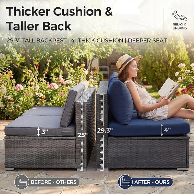 NICESOUL 13 Piece Patio Furniture with Fire Pit, Heavy Duty Wicker Outdoor Sectional with Firepit Table & Chaise Lounge, Big Large Sectional 10-Seats w/Firepit Propane/Natural Gas, Gray & Navy Blue