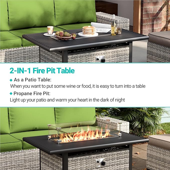 13-Piece Outdoor Patio Furniture Set with 55,000 BTU Fire Pit Table, PE Wicker Rattan Sectional Sofa Patio Conversation Set with Coffee Table, Avocado Green