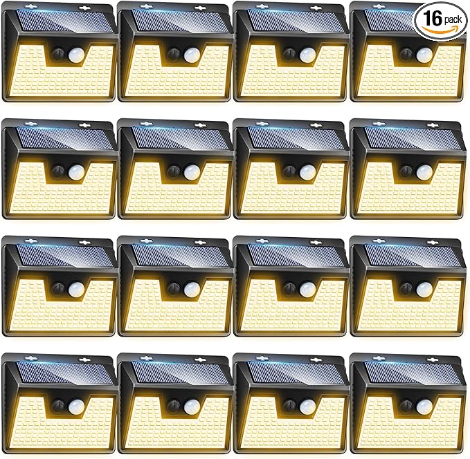 Peasur Solar Lights Outdoor Waterproof 16 Pack, Warm White 140LED Motion Sensor Lights Dusk to Dawn, 3 Modes Solar Fence Security Lighting for Wall Garden Yard Stair Outside