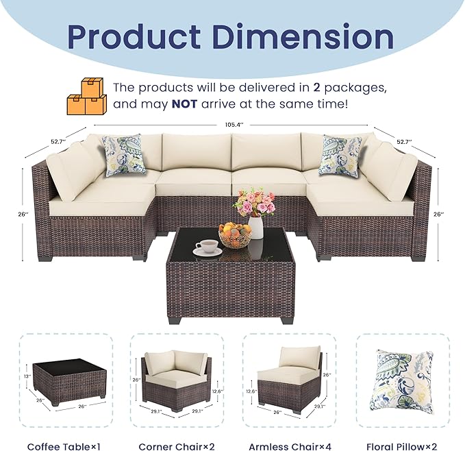 Outdoor Patio Furniture Set with 43'' Fire Pit Table, 8 Pcs Outdoor Patio Furniture Conversation Sets with 4in Thicken Cushion, Wicker Outdoor Sectional for Backyard, Garden, Balcony,Deck, Brown/Beige