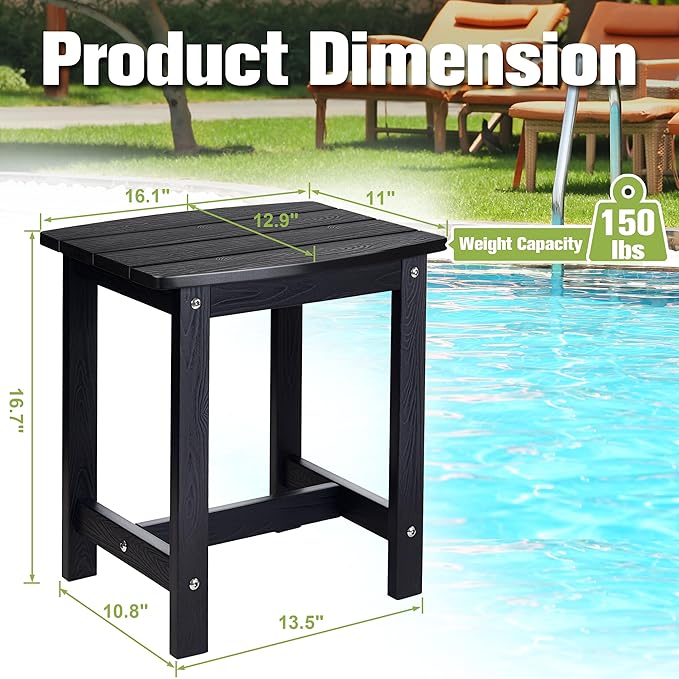 Y&M Outdoor Side Table, HIPS Adirondack Small Single Table, Waterproof Square Outside Table, Balcony Modern End Tables for Patio, Pool, Beach, Porch, Deck, Indoor or Outdoor Use (Black, 2 Pack)