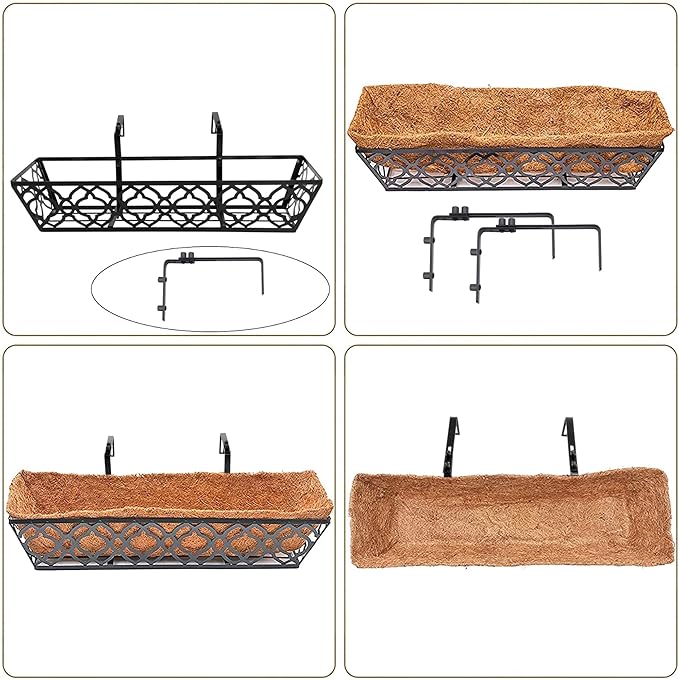 HFHOME 2 Pcs 30" Window Box Deck Railing Planter with Horse Trough Coco Liners, Black Metal Hanging Flower Planters Baskets for Indoor, Outdoor, Balcony, Porch, Fence, Patio, and Lawn