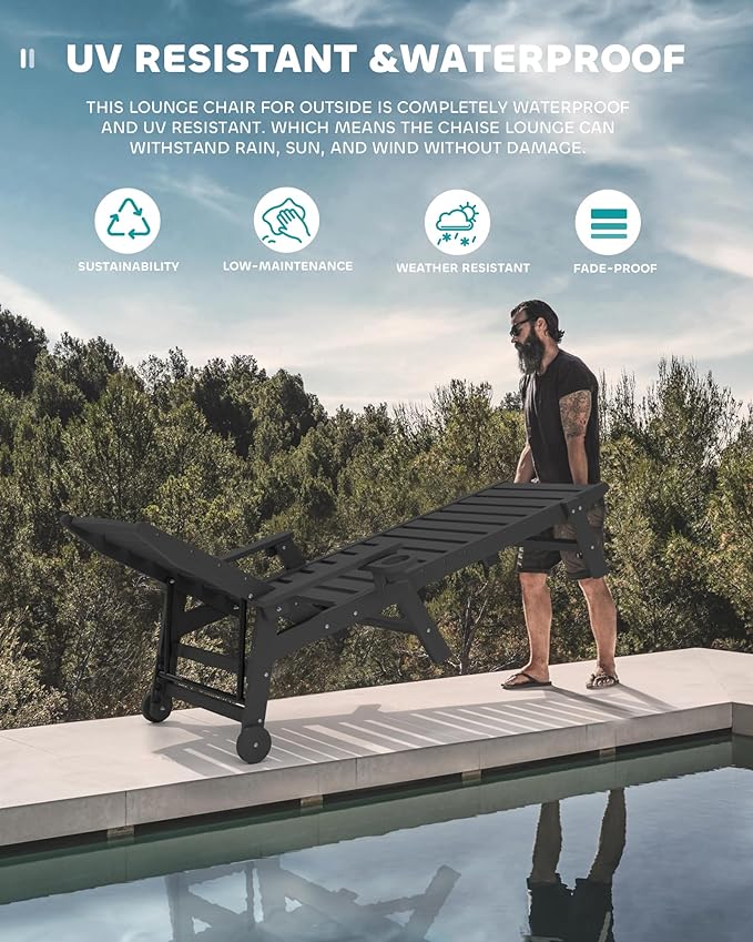 SERWALL Patio Chaise Lounge Chair Set of 2, 78'' Long 5-Positions Adjustable HDPE Outdoor Lounger for Pool, Poly Lounge Chair with Rolling Wheels & Cup Holder for Poolside, Deck, Black