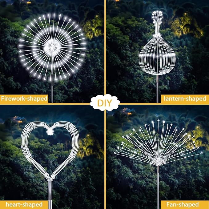 JJGoo Solar Firework Lights, 2 Pack 135 LEDs 2 Lighting Modes Solar Lights Outdoor Waterproof for Garden Patio Walkway Pathway Party Wedding Christmas Decorative - White