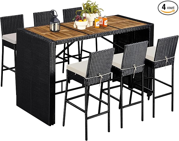 Yaheetech 7 Piece Patio Dining Set Outdoor Acacia Wood Bar Table and Chairs with Removable Cushions, Wicker Furniture Set for Deck, Backyard, Garden, Black/Beige
