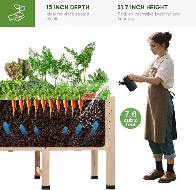 AMERLIFE 4x2 Ft Raised Garden Bed - Features Legs, Drainage Holes, 16 Inch Depth Ideal for Vegetables, Flowers, Herbs, Elevated Wood Planter Box for Balcony, Patio, and Backyard, Easy Assembly