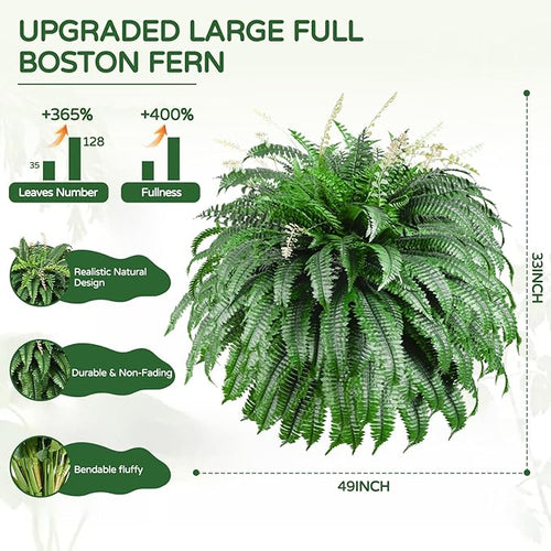 128 Leaves Fake Ferns, Large Artificial Boston Fern, Faux Fern Plants for Home, Office, Garden Indoor Outdoor Decoration(49 inch,1pack)