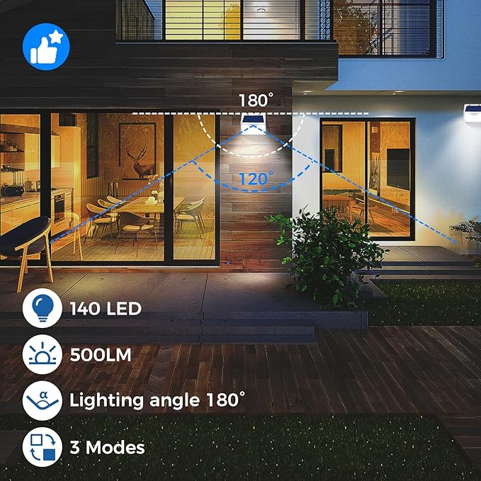 Peasur Solar Lights Outdoor Waterproof, 1Pack 140LED Bright Motion Sensor Security Lights 3 Modes, Solar Powered Fence Wall Light for Garden Yard Outside(Cool White)