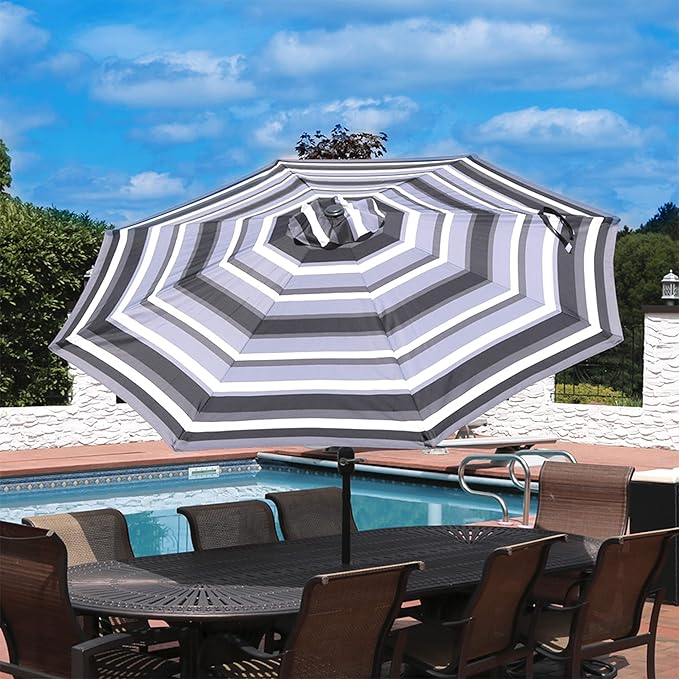 Sunnydaze Outdoor Patio Umbrella - Polyester Table Market Umbrella with Push-Button Tilt and Crank - 8 Sturdy Ribs - Catalina Beach Stripe - 9ft