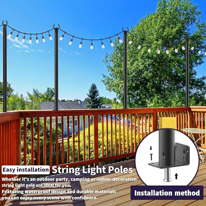 2 Pack String Light Poles,5Ft Light Poles for Outside String Lights,Outdoor Lights Pole with Fork,Metal Poles Stand for Patio Deck Backyard