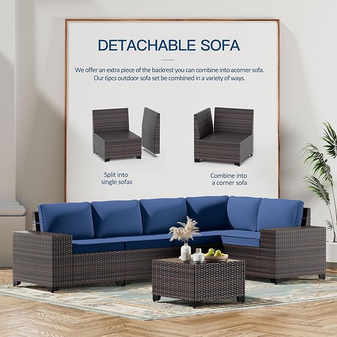 Kullavik 6PCS Outdoor Patio Furniture Set PE Wicker Rattan Sectional Sofa Patio Conversation Sets,Navy Blue