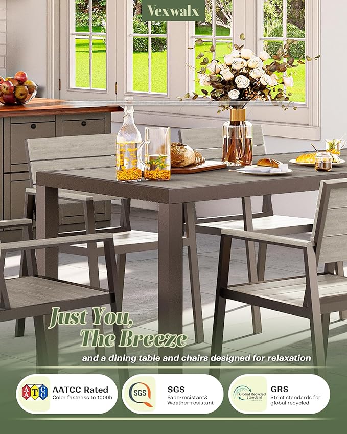 7-Piece Outdoor Dining Set, Aluminum Dining Table Set for 6, Patio Table and Chairs Set with Umbrella Hole, All Weather HDPS Outdoor Table and Chairs for 6 (Gray)