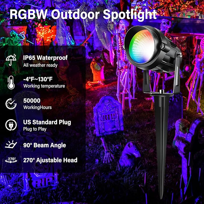 Halloween Christmas Spotlight Outdoor Color Changing Landscape Spotlights,12W RGBW LED Outdoor Spot Lights for Yard Garden Decor,Waterproof 110V Plug in Landscape Lighting with Remote,6 Packs