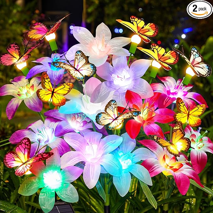 Garpar Solar Lily Lights with Swaying Butterflies, Upgraded Garden Solar Lights Outdoor Decorative, Waterproof Color Changing Garden Decor for Outside Yard Lawn Pathway Gift for Mom Women Grandma