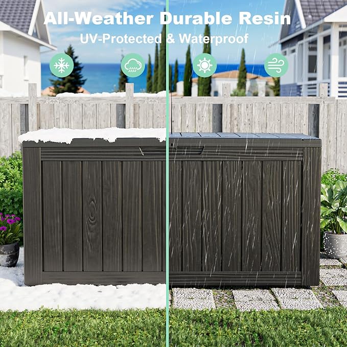 86 Gallon Outdoor Deck Box, Lockable Waterproof Outdoor Storage Boxes For Garden Tools,Indoor Cushions,Accessories Outside Storage Resin Weatherproof Container(Black)