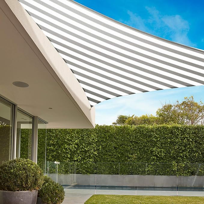 E&K Sunrise 21' x 21' x 21' Sun Shade Sail Triangle Canopy Shade Cover UV Block for Patio Backyard Garden Outdoor (Gray White Strip)