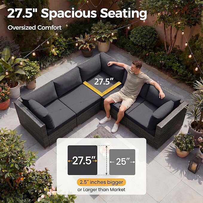 NICESOUL 11 Piece Patio Furniture Set with Fire Pit Natural Gas/Propane, 29.3'' High Back Outdoor Sectional with Lounger & Fire Pit, Large Deep Rattan Sofa Set for Garden Backyard, Gray