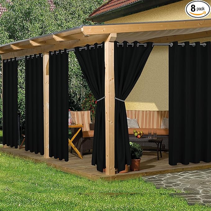 HolidayIdeas Outdoor Curtains for Patio Waterproof, 8 Panels - 54x84 Inches - Weatherproof Privacy Outsides Curtains for Cabana Porch Pergola, Sunlight & UV Blocking (Black, Grommet Top)