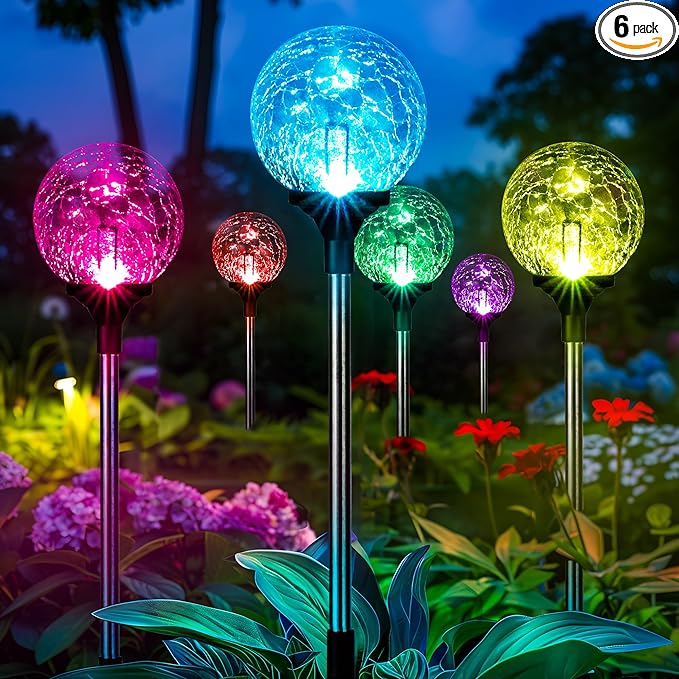 GIGALUMI Solar Garden Lights 6 Pack, Outdoor Solar Lights for Yard Decorative, Christmas Lights Outdoor Decorations Waterproof, Multi-Colored Changing Garden Globes Cracked Glass Ball with LED Lights