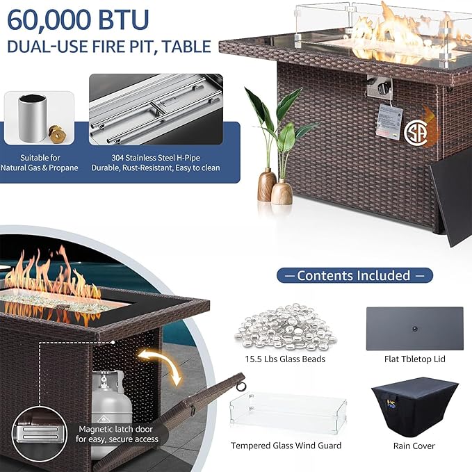 NICESOUL 7 Piece Outdoor Patio Furniture Set with Fire Pit Table Natural Gas/Propane, Tall Wide Deep Sectional Couch Sofa for Outside, 29.3'' High Back Backyard Sitting, Brown Rattan and Black Cushion