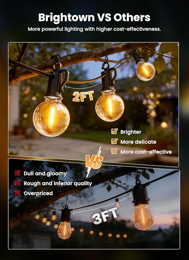 Brightown 75FT Solar String Lights Outdoor with Remote and 36 LED Shatterproof Bulbs, Dimmable & Timable, 3 Light Modes, Solar Patio String Lights Outdoor for Cafe, Garden, Deck, Outside Wedding